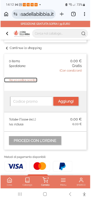 Campo codice sconto nel carrello
