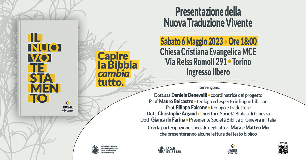 Locandina_facebook_Evento_20230506_v2 Presentazione a Torino del Nuovo Testamento NTVi Nuova Traduzione Vivnete